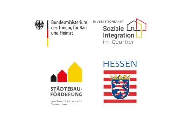 Logo-Collage der Fördermittelgeber und Programme: Land Hessen, Städtebauförderung, Ministerium des Innern, für Bau und Heimat, Soziale Integration im Quartier