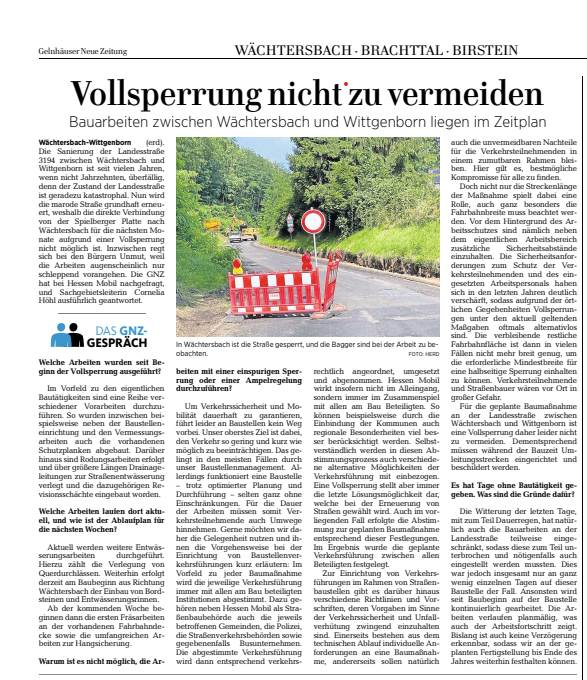 Hessen Mobil informiert zur Vollsperrung der L 3195